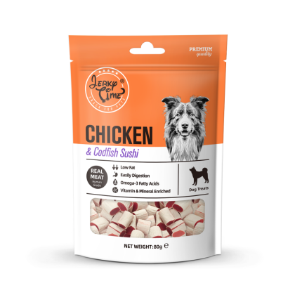 Jerky time пиле и треска Пилешки пръчици  с истинско месо. Първокласно сушено лакомство.